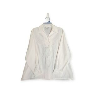 BonWorth Womens‎ Medium White Collared Button Up EMBROIDERE Long Blouse Petite